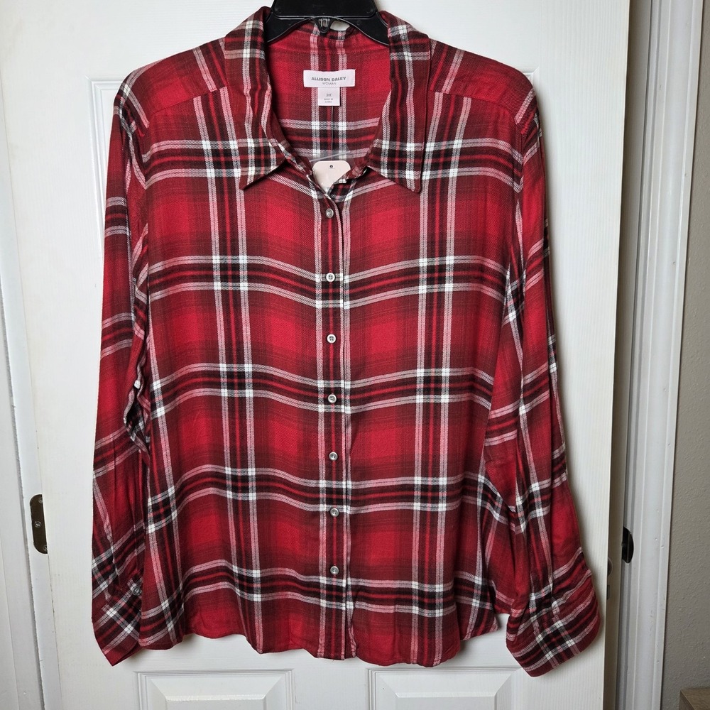 Allison Daley sz 3X red plaid button up shirt NWT 100% rayon casual fall basic